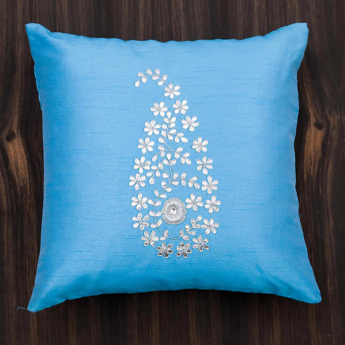 Lake Blue & Silver Paisley Gota Patti Hand Embroidery - Image 5