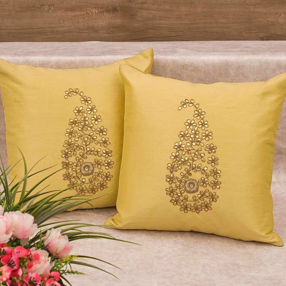 Light Yellow & Golden Paisley Gota Patti Hand Embroidery - Image 2