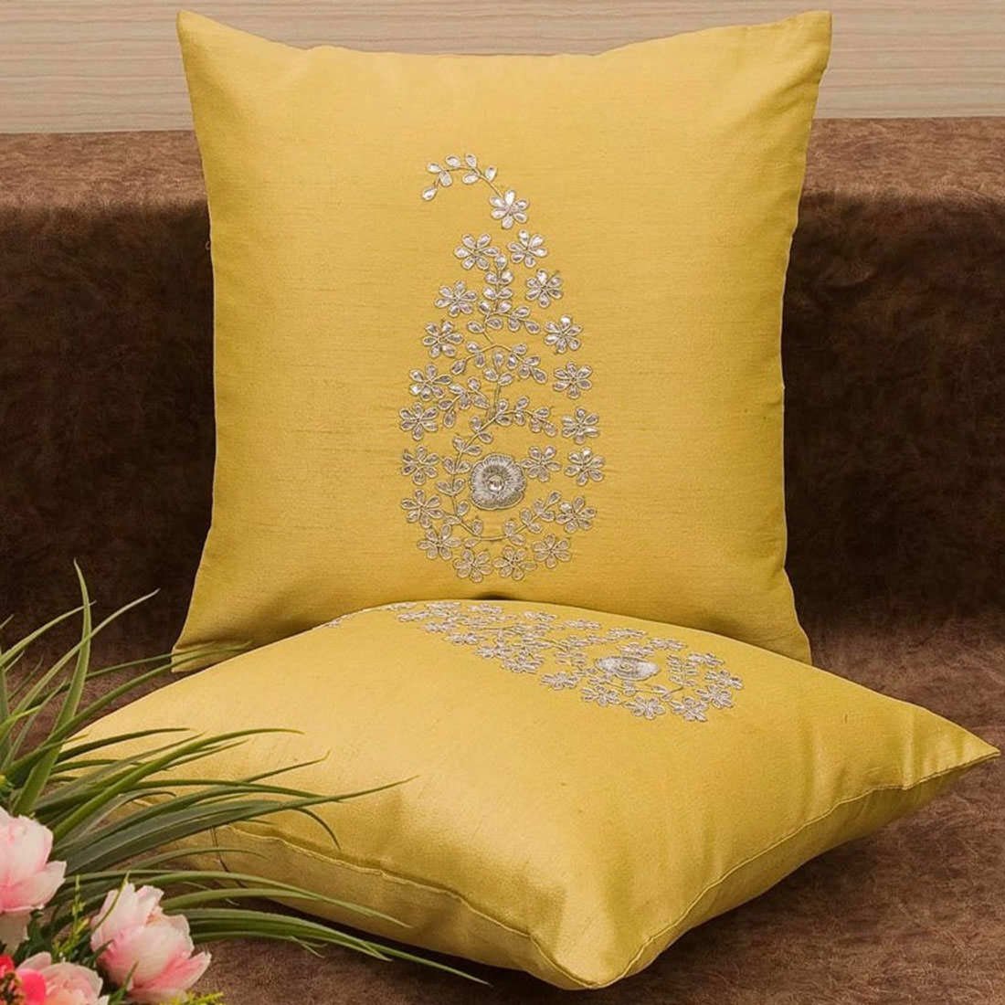 Light Yellow & Silver Paisley Gota Patti Hand Embroidery - Image 4