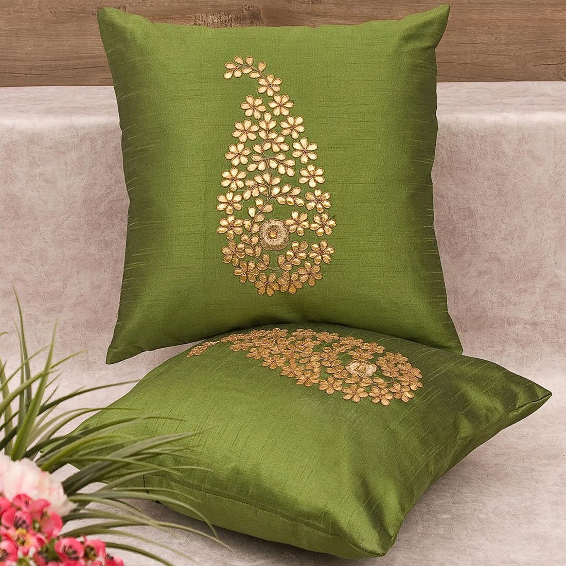 Olive Green & Golden Paisley Gota Patti Hand Embroidery - Image 4