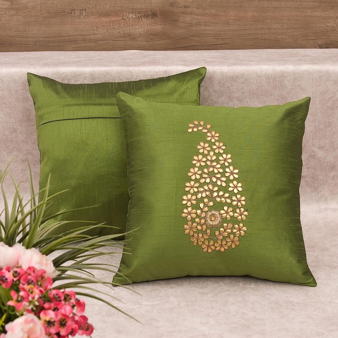 Olive Green & Golden Paisley Gota Patti Hand Embroidery - Image 3