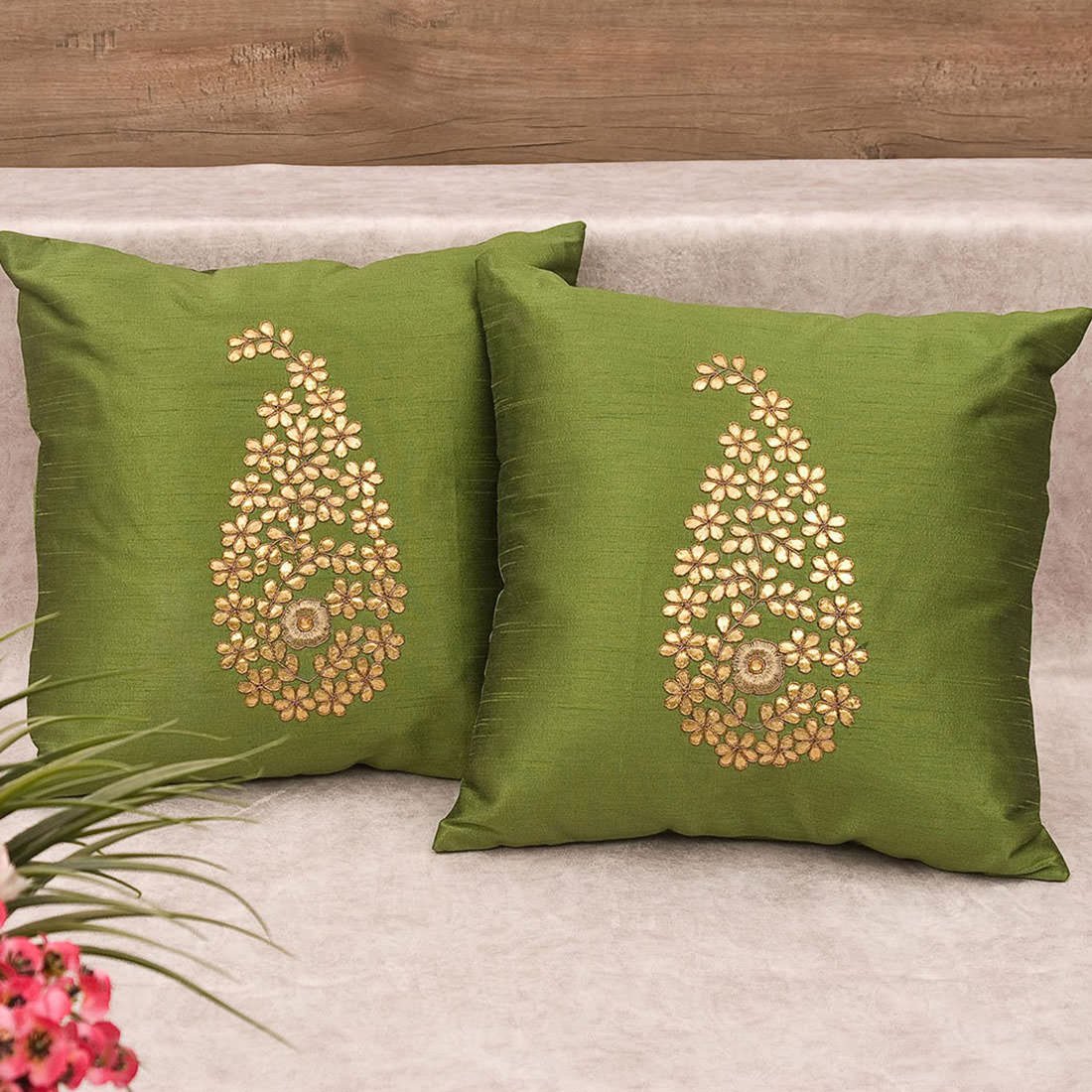 Olive Green & Golden Paisley Gota Patti Hand Embroidery - Image 2