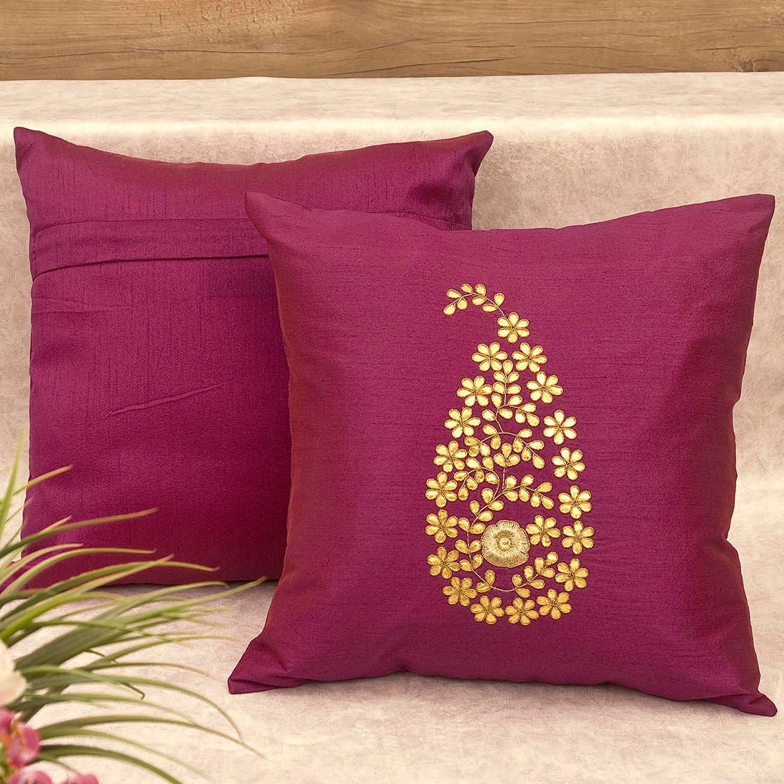 Dark Magenta & Golden Paisley Gota Patti Hand Embroidery - Image 3