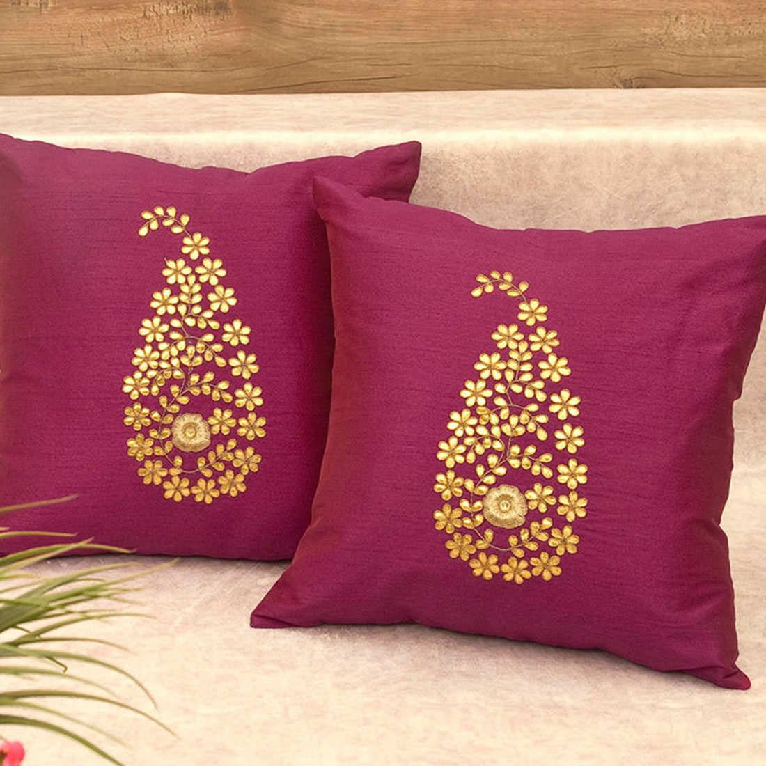 Dark Magenta & Golden Paisley Gota Patti Hand Embroidery - Image 2