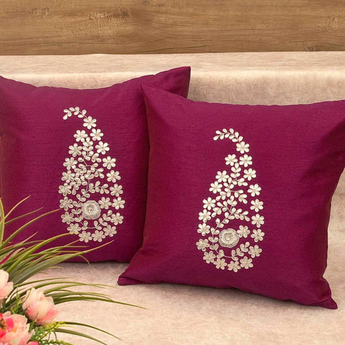 Dark Magenta & Silver Paisley Gota Patti Hand Embroidery - Image 2