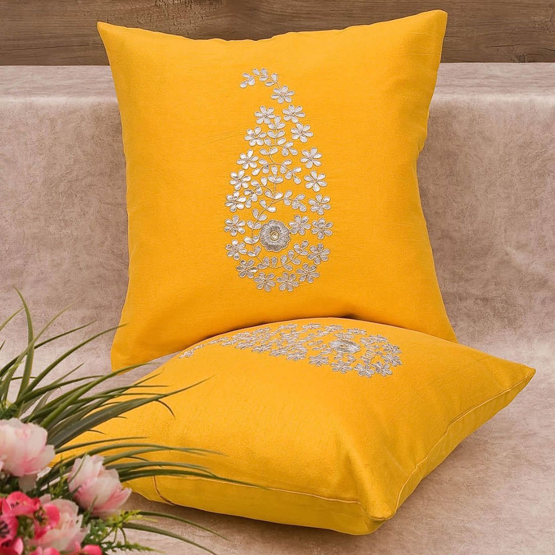 Sunshine Yellow & Silver Paisley Gota Patti Hand Embroidery - Image 4