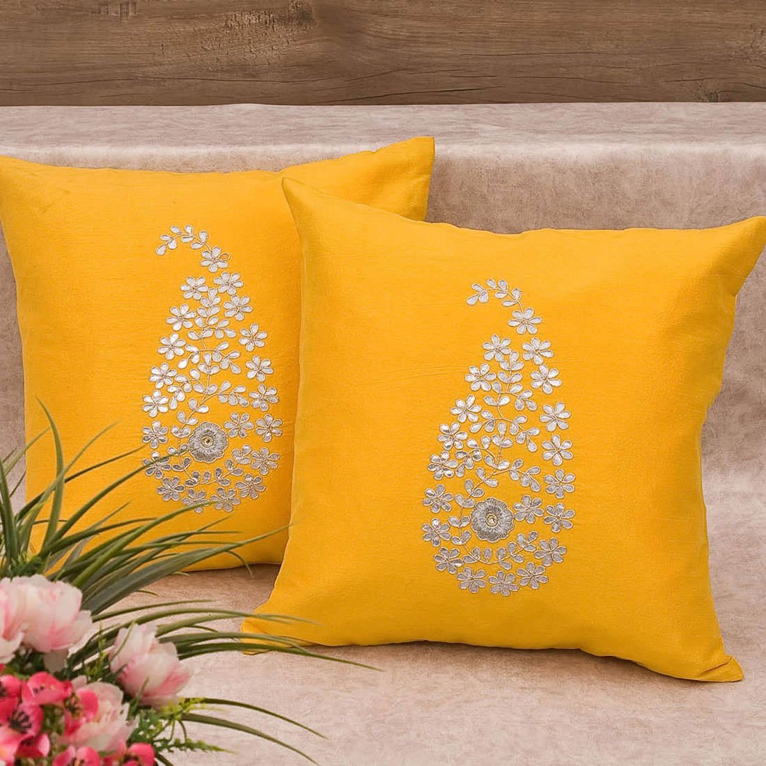 Sunshine Yellow & Silver Paisley Gota Patti Hand Embroidery - Image 2