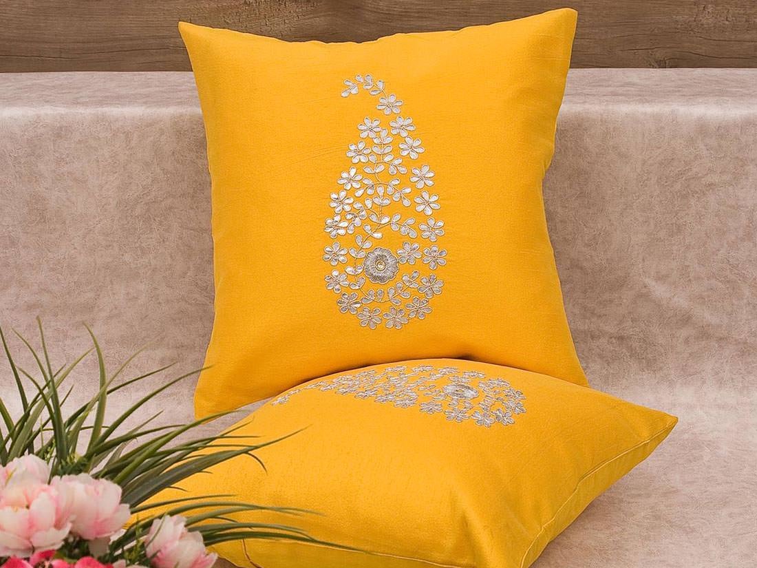 Sunshine Yellow & Silver Paisley Gota Patti Hand Embroidery