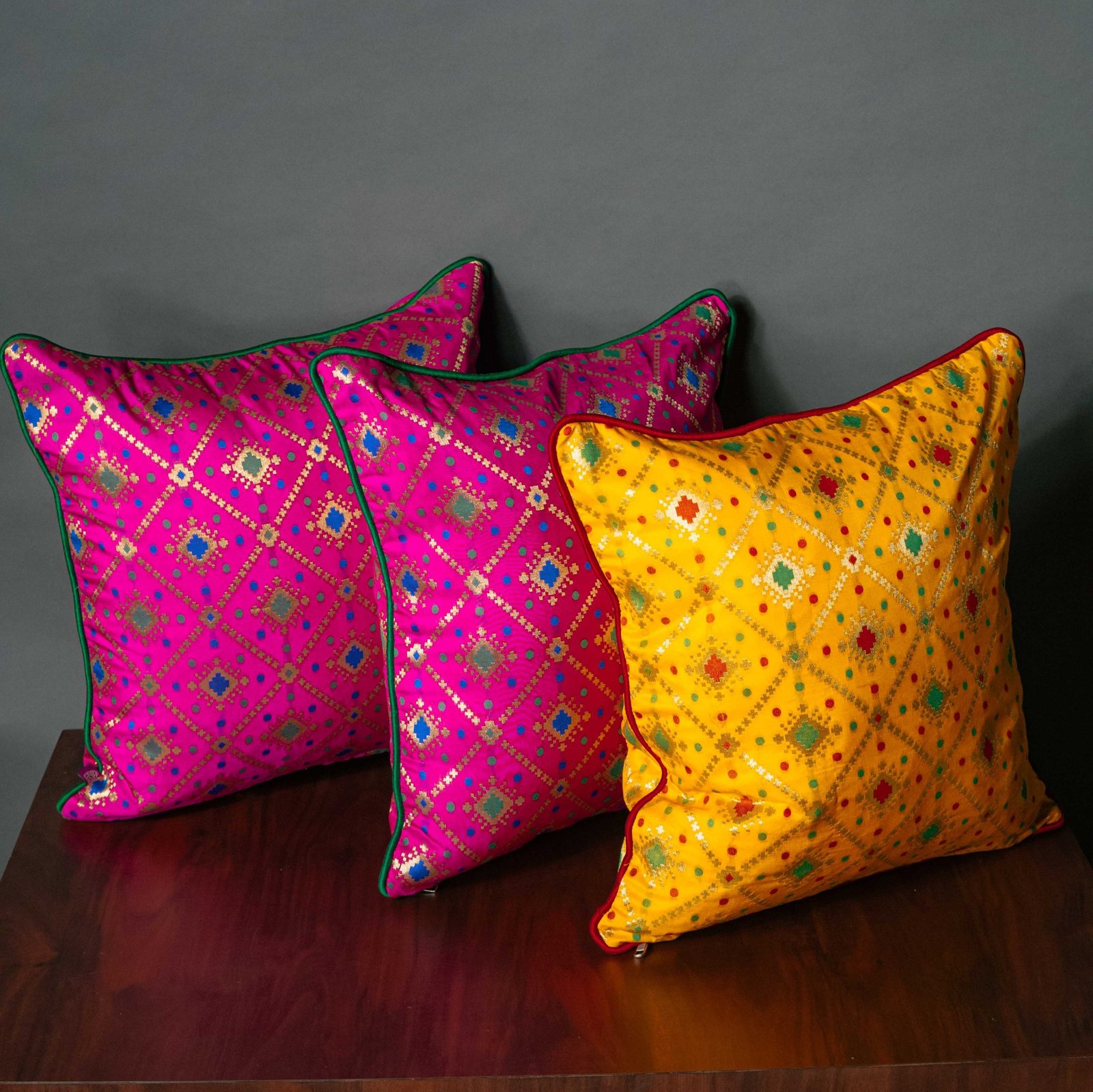 Mesmerizing Colors of Assorted Bandhani Brocade Beauty Cushion Covers (Pink-Yellow Combo)