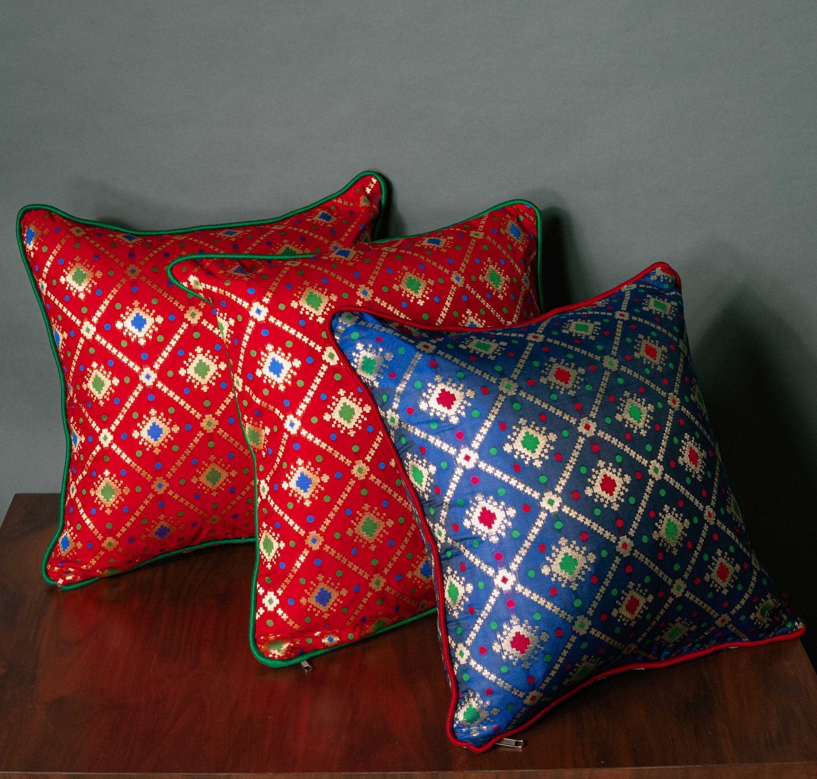 Mesmerizing Colors of Assorted Bandhani Brocade Beauty Cushion Covers (Red-Blue Combo)