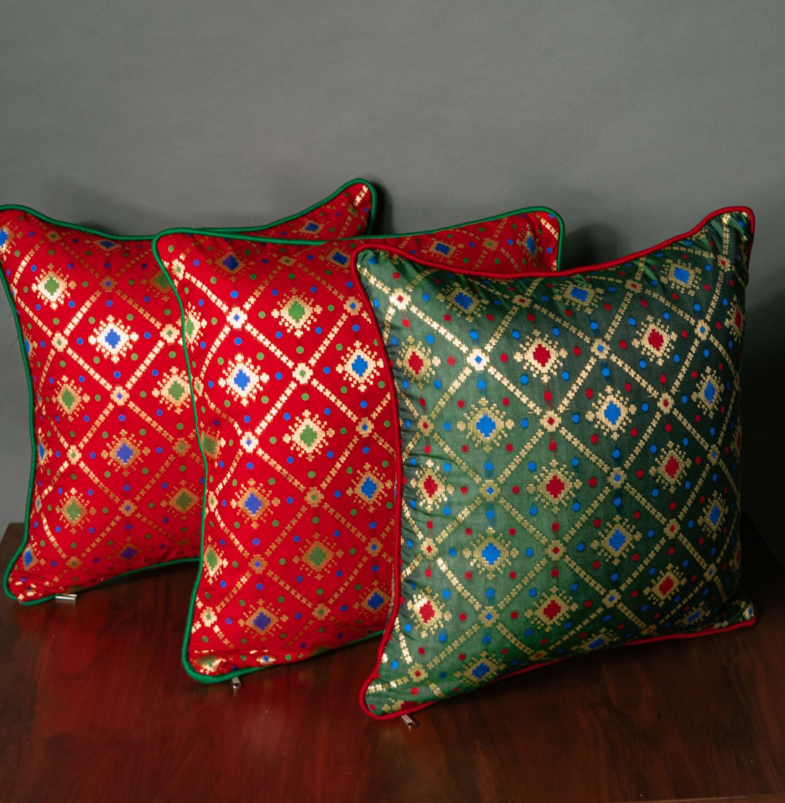 Mesmerizing Colors of Assorted Bandhani Brocade Beauty Cushion Covers (Red-Green Combo)
