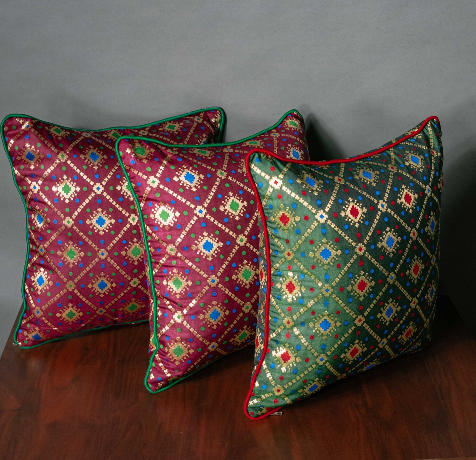 Mesmerizing Colors of Assorted Bandhani Brocade Beauty Cushion Covers (Wine-Green Combo)