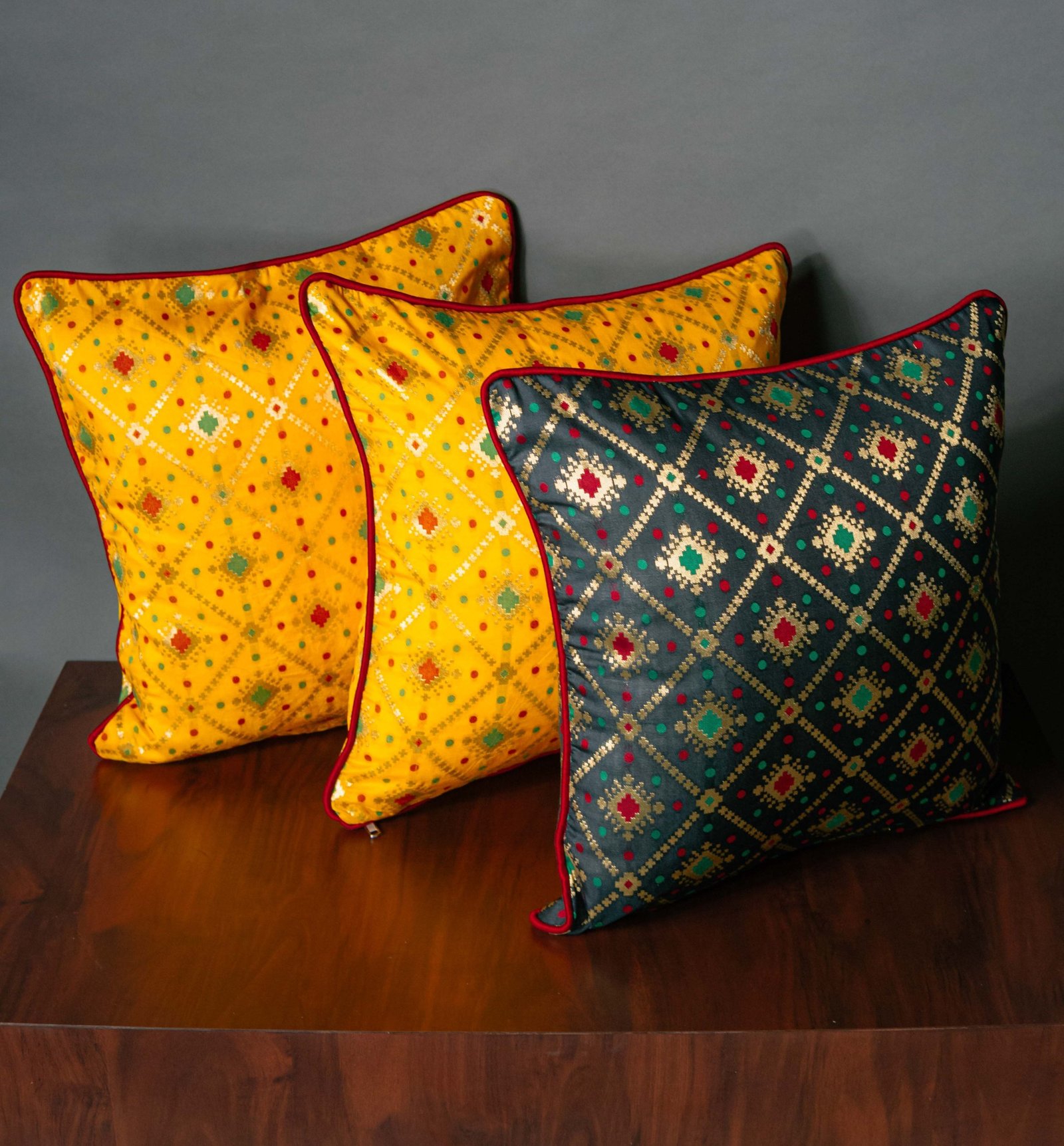 Mesmerizing Colors of Assorted Bandhani Brocade Beauty Cushion Covers (Yellow-Black Combo)