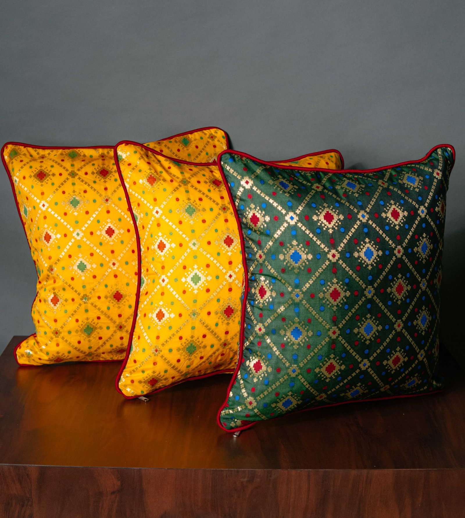 Mesmerizing Colors of Assorted Bandhani Brocade Beauty Cushion Covers (Yellow-Green Combo)