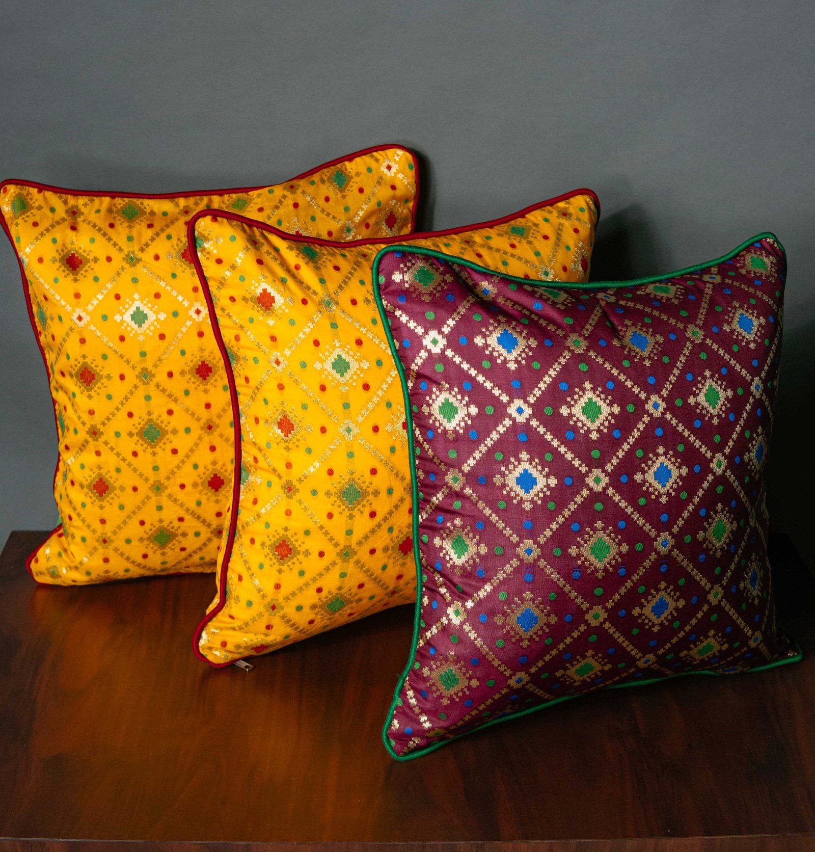 Mesmerizing Colors of Assorted Bandhani Brocade Beauty Cushion Covers (Yellow-Wine Combo)