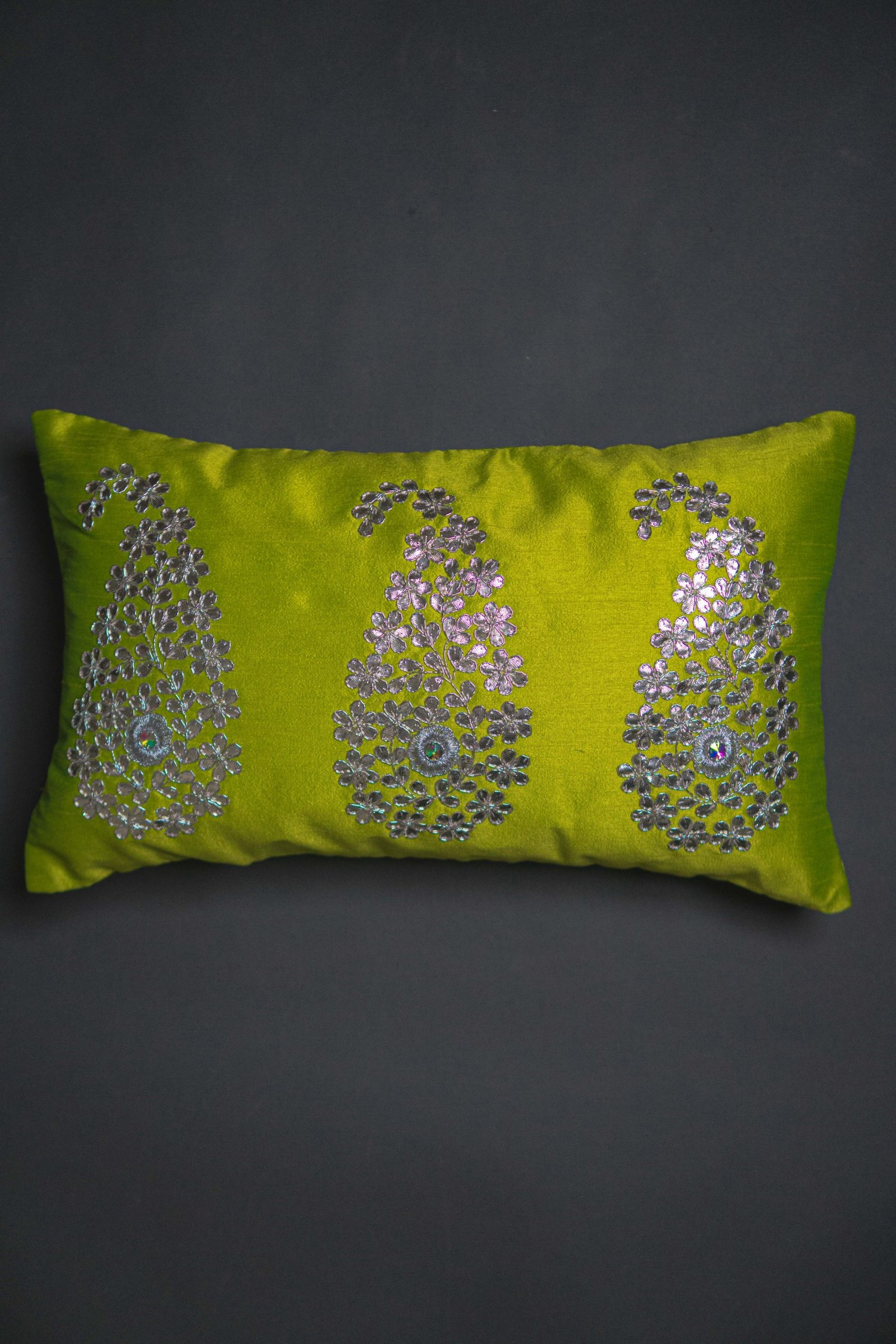 Parrot Green & Silver Paisley Leaf Rectangular Cushion Cover