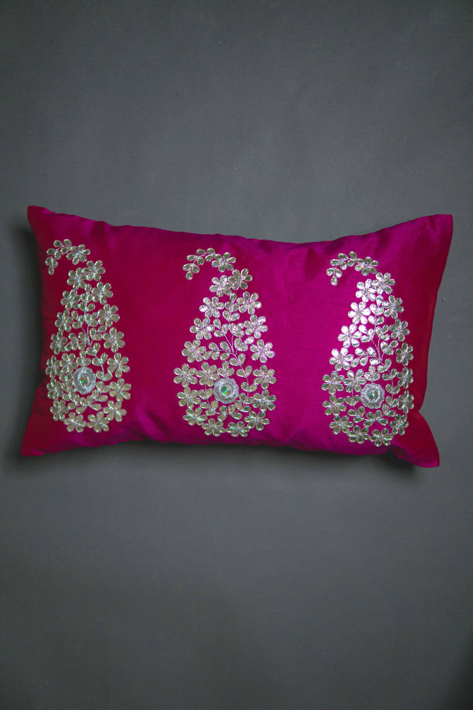 Dark Magenta & Silver Paisley Leaf Rectangular Cushion Cover