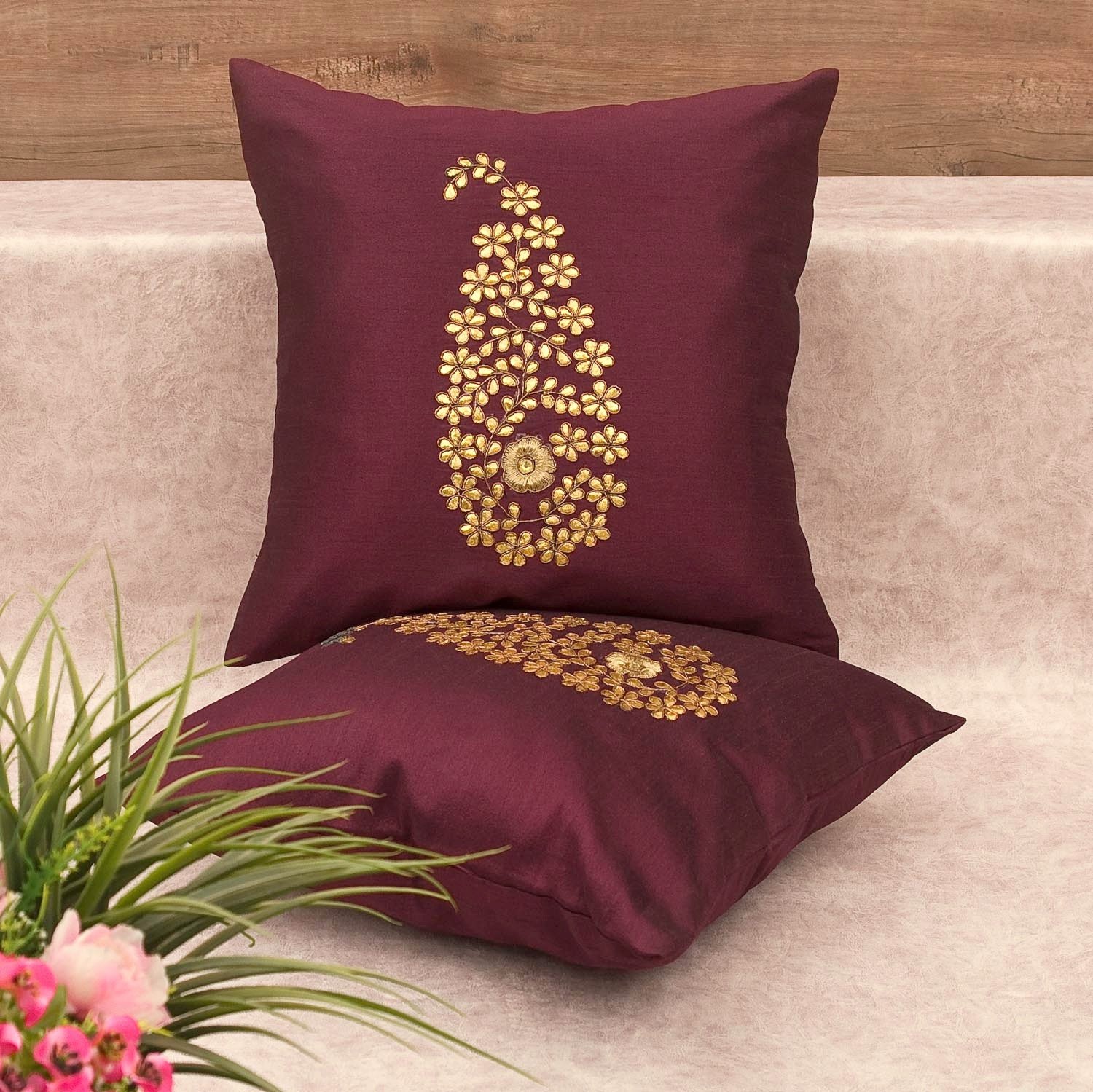 Wine & Golden Paisley Gota Patti Hand Embroidery