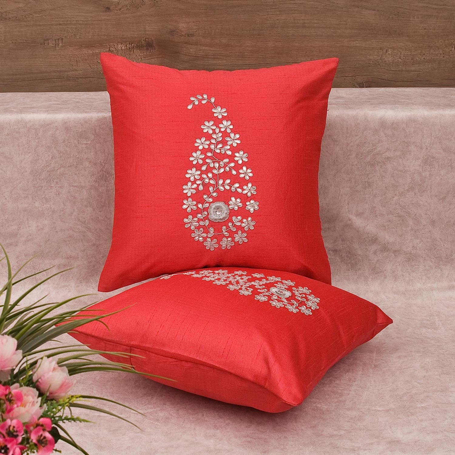 Coral Red & Silver Paisley Gota Patti Hand Embroidery