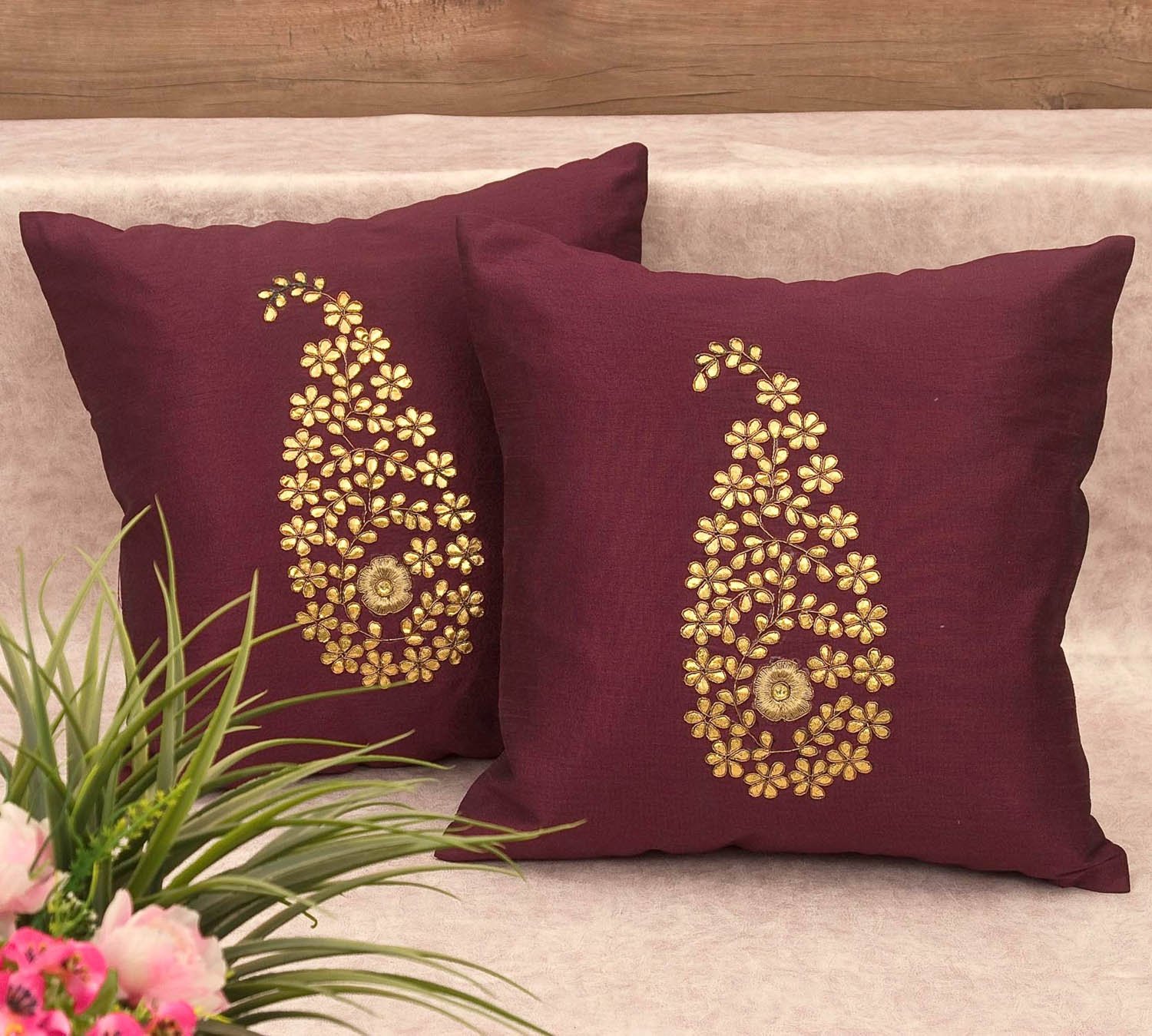 Wine & Golden Paisley Gota Patti Hand Embroidery - Image 2