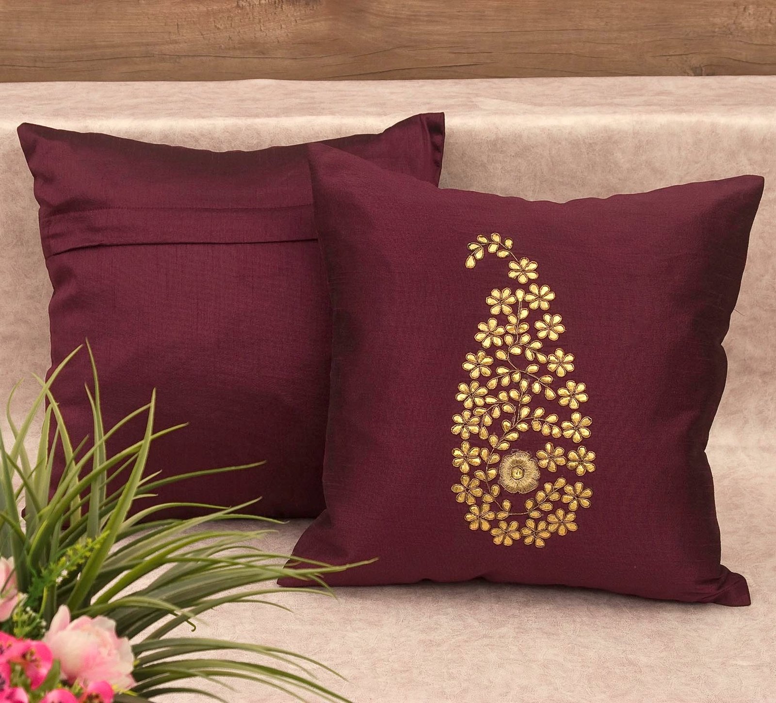 Wine & Golden Paisley Gota Patti Hand Embroidery - Image 3