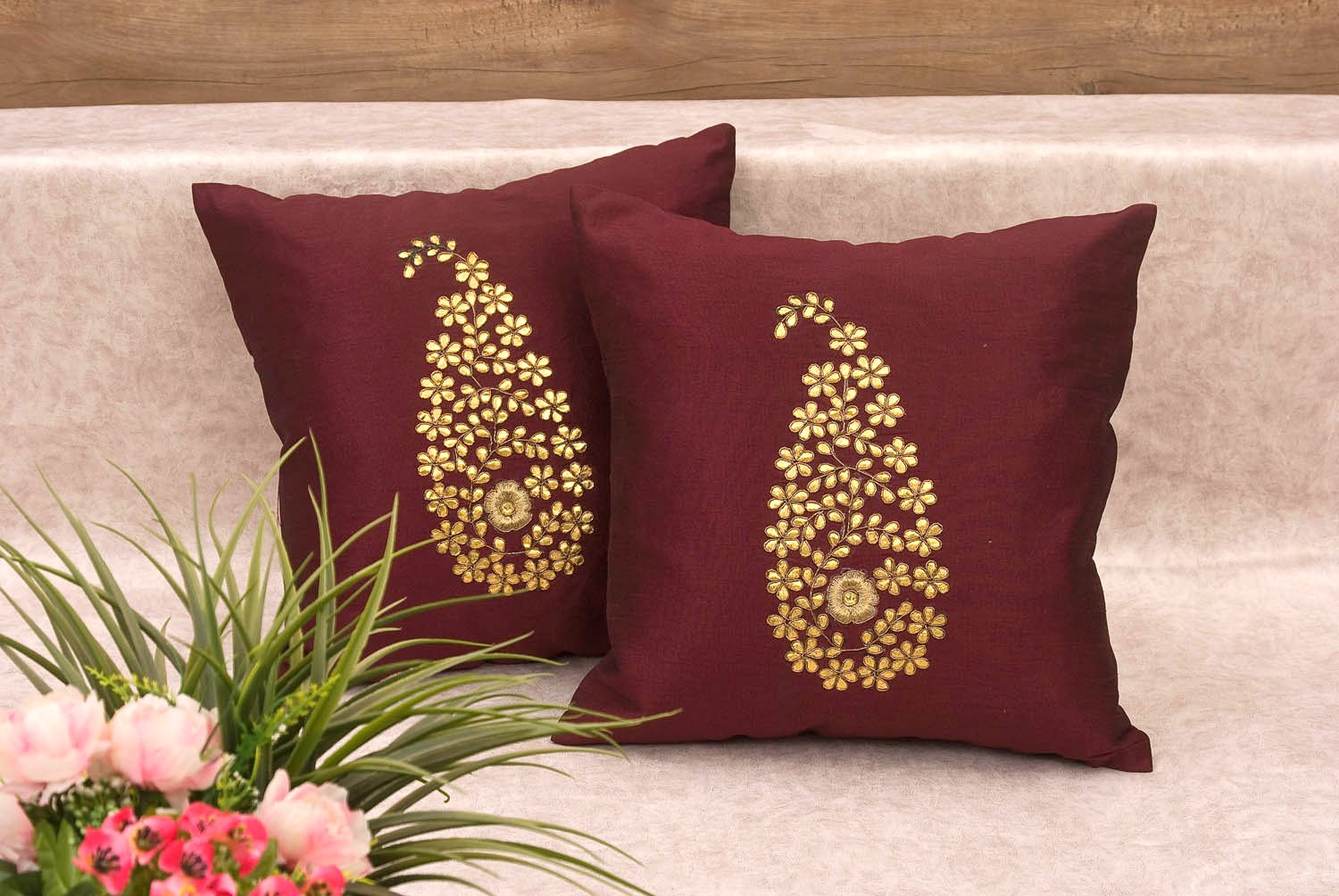 Wine & Golden Paisley Gota Patti Hand Embroidery - Image 4