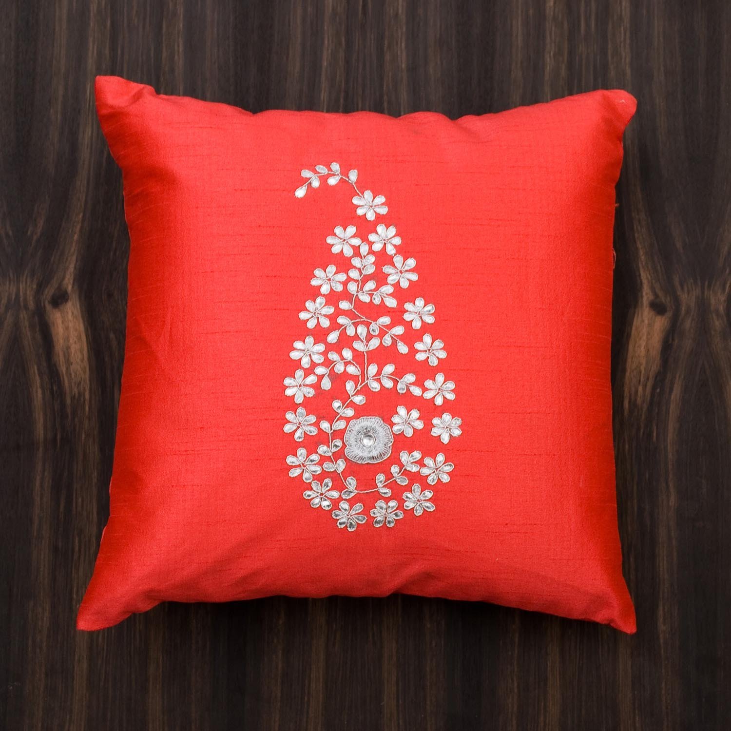 Coral Red & Silver Paisley Gota Patti Hand Embroidery - Image 4