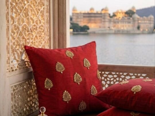 Swarn Paan Patti Beads, Kundan & Zari Hand Embroidery Maroon Cushion Covers