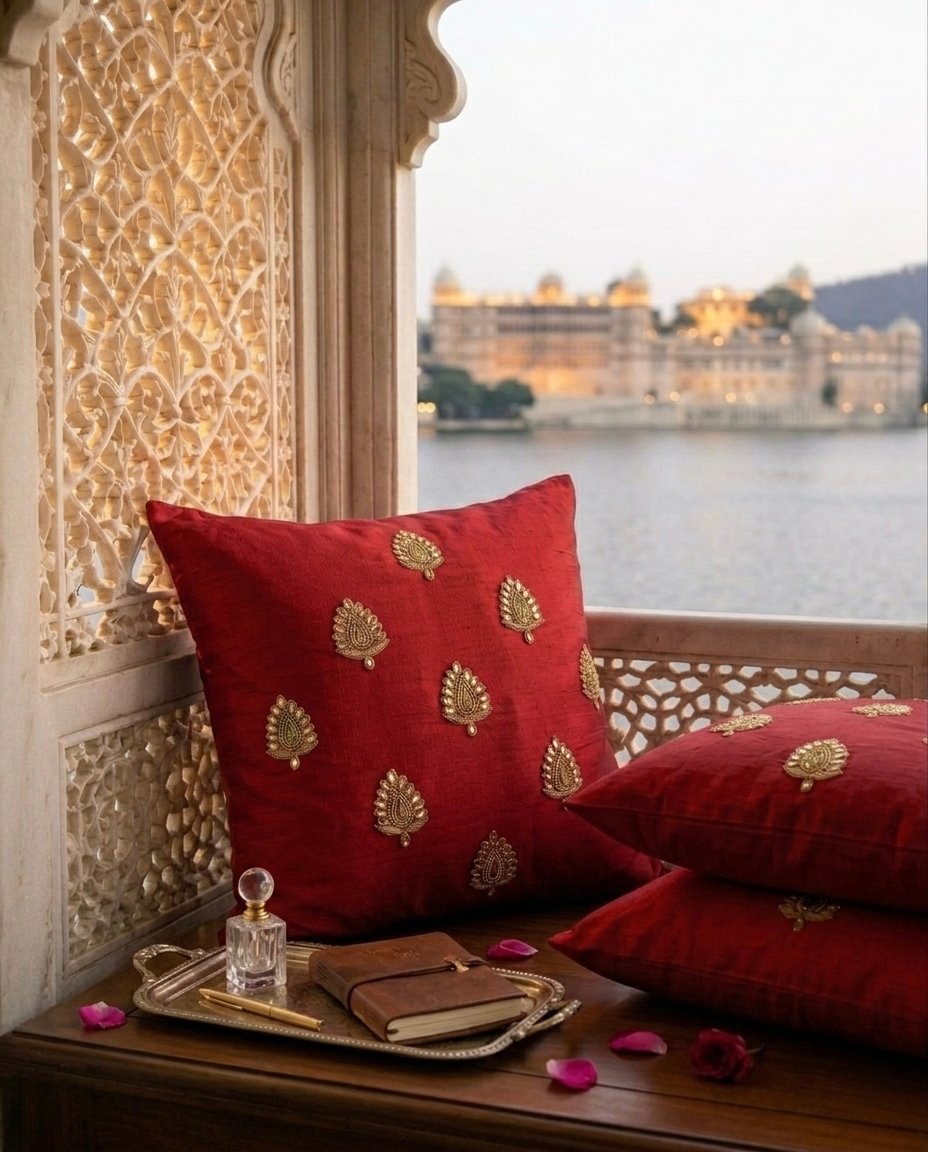 Swarn Paan Patti Beads, Kundan & Zari Hand Embroidery Maroon Cushion Covers