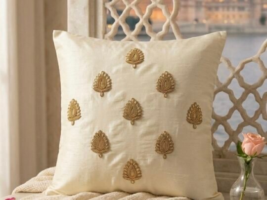 Swarn Paan Patti Beads, Kundan & Zari Hand Embroidery Ivory Cushion Covers