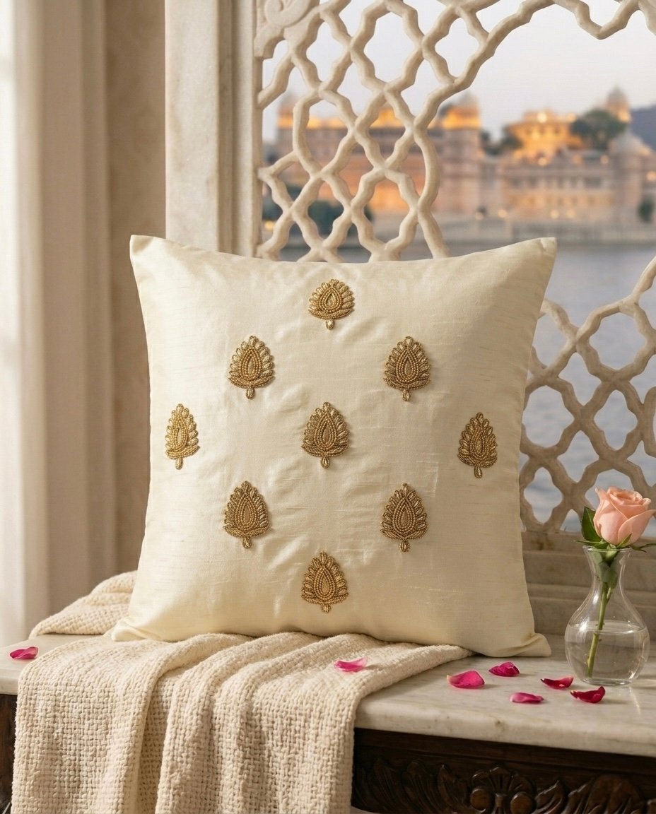 Swarn Paan Patti Beads, Kundan & Zari Hand Embroidery Ivory Cushion Covers