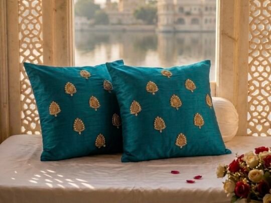 Swarn Paan Patti Beads, Kundan & Zari Hand Embroidery Peacock Green Cushion Covers