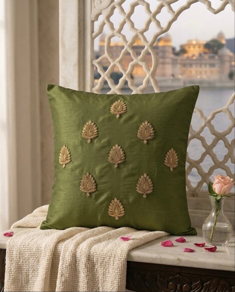 Swarn Paan Patti Beads, Kundan & Zari Hand Embroidery Olive Cushion Covers