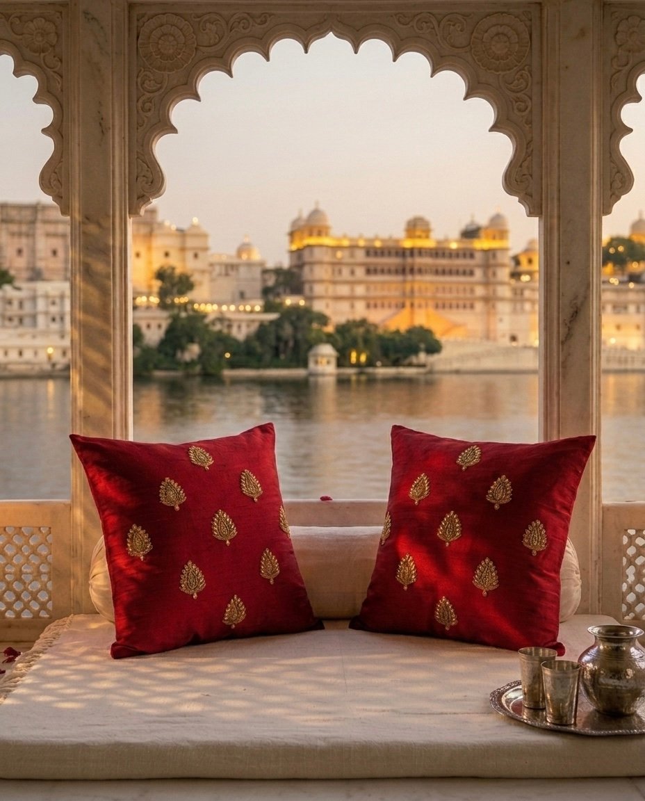 Swarn Paan Patti Beads, Kundan & Zari Hand Embroidery Maroon Cushion Covers - Image 3