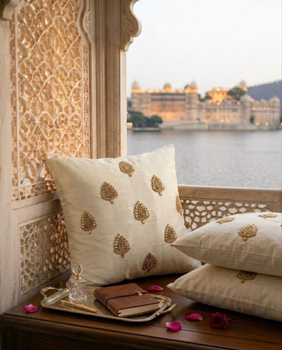 Swarn Paan Patti Beads, Kundan & Zari Hand Embroidery Ivory Cushion Covers - Image 2