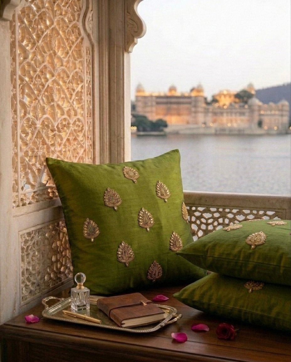 Swarn Paan Patti Beads, Kundan & Zari Hand Embroidery Olive Cushion Covers - Image 2