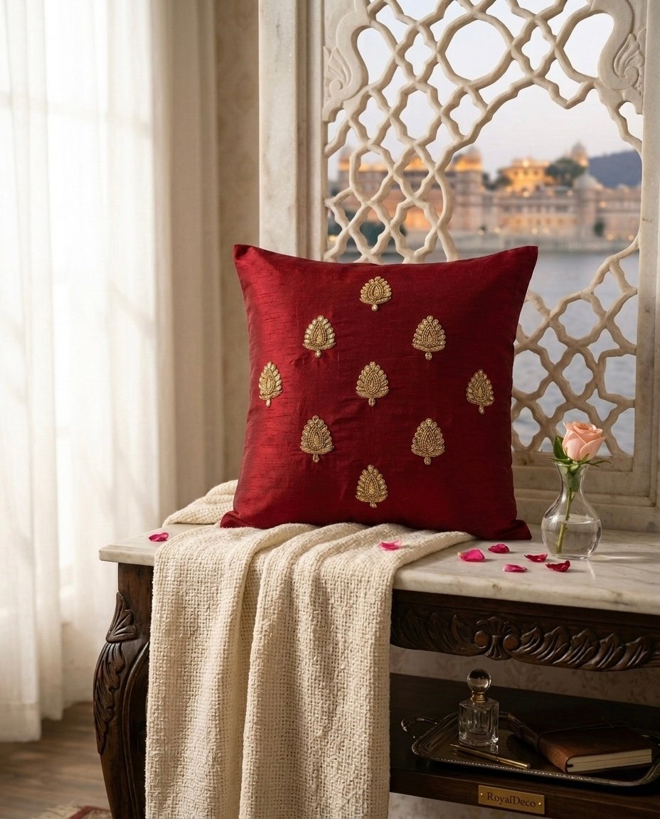 Swarn Paan Patti Beads, Kundan & Zari Hand Embroidery Maroon Cushion Covers - Image 2