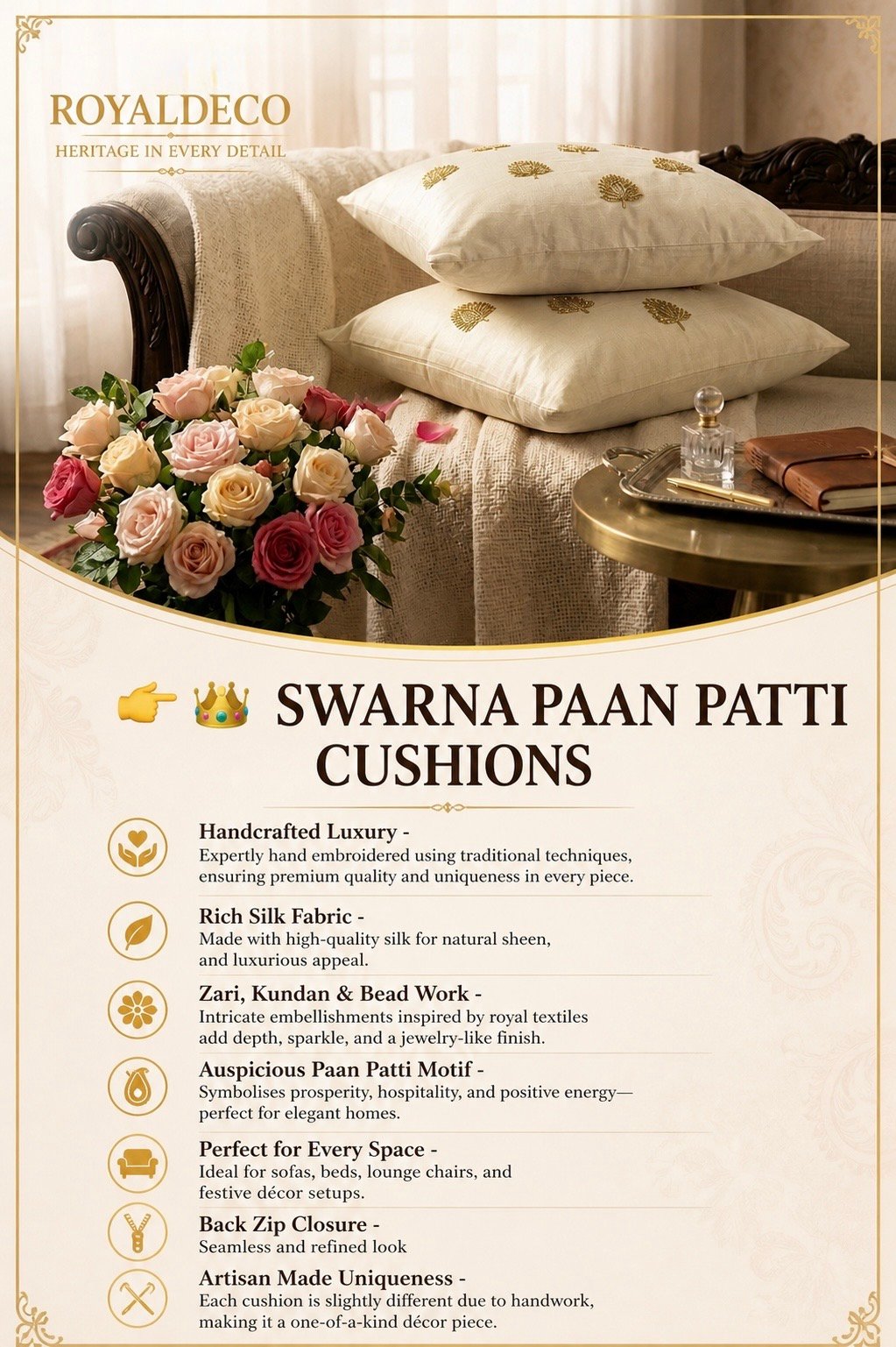 Swarn Paan Patti Beads, Kundan & Zari Hand Embroidery Ivory Cushion Covers - Image 3