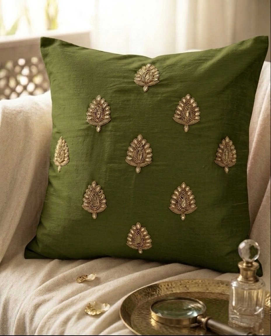 Swarn Paan Patti Beads, Kundan & Zari Hand Embroidery Olive Cushion Covers - Image 3