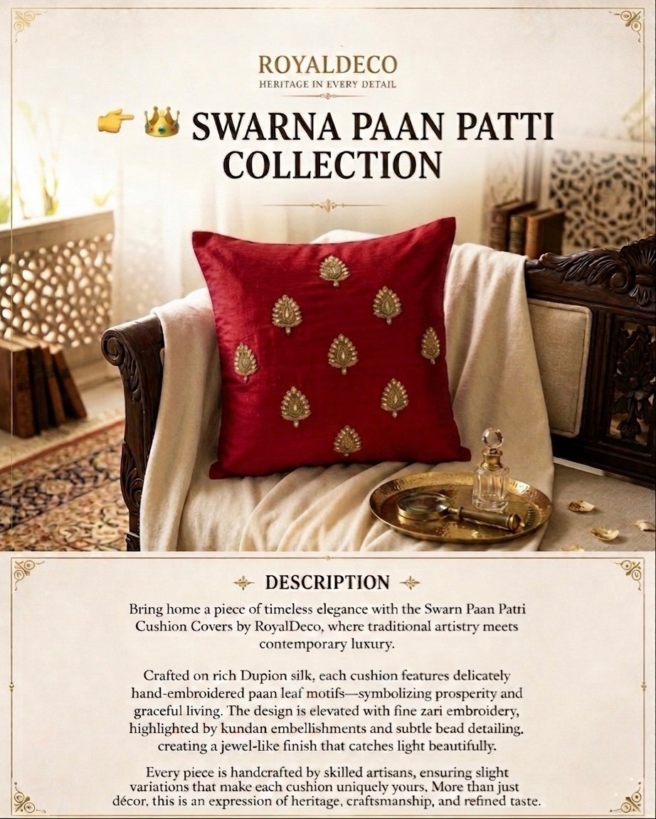 Swarn Paan Patti Beads, Kundan & Zari Hand Embroidery Maroon Cushion Covers - Image 4
