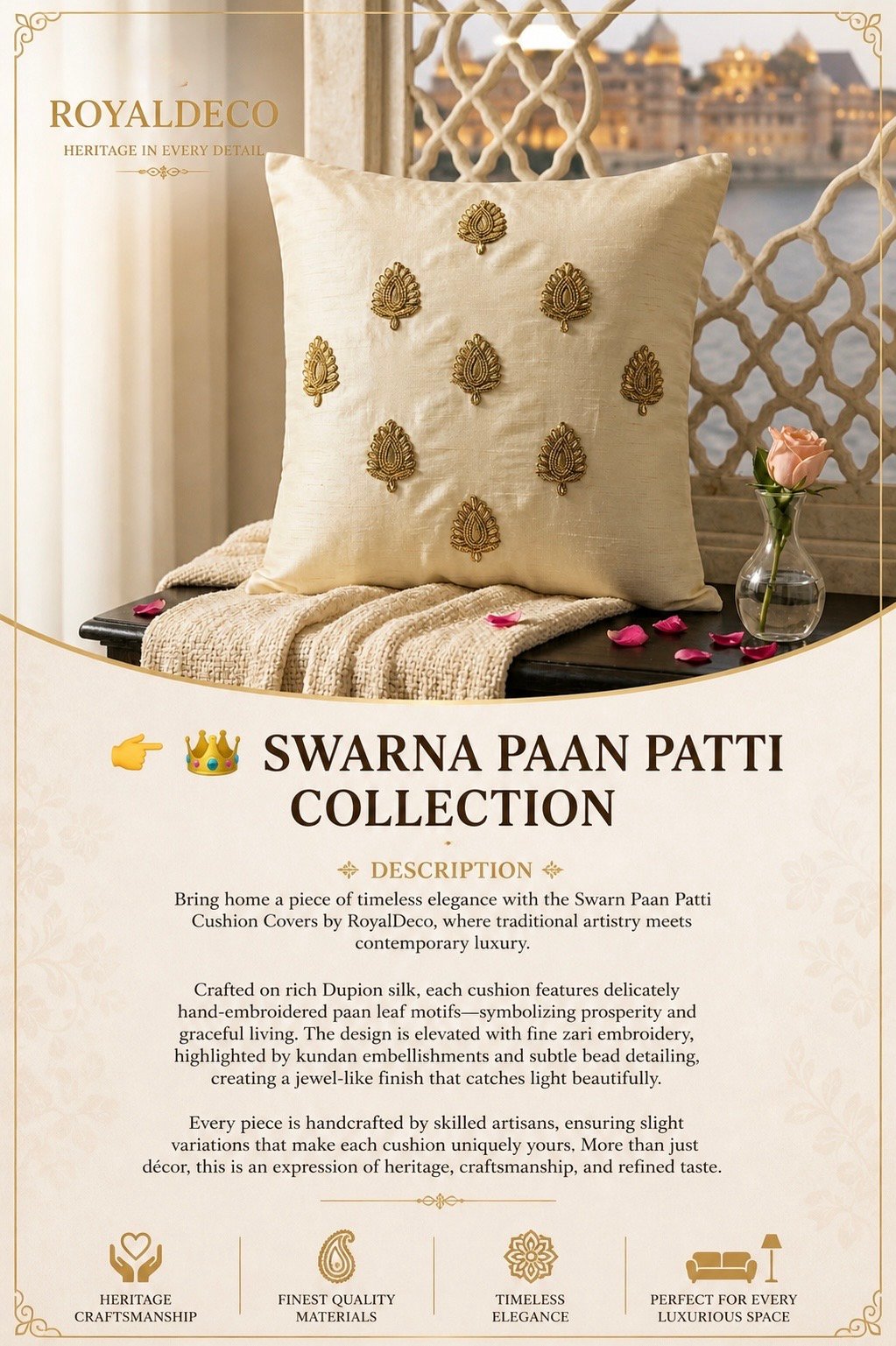 Swarn Paan Patti Beads, Kundan & Zari Hand Embroidery Ivory Cushion Covers - Image 4