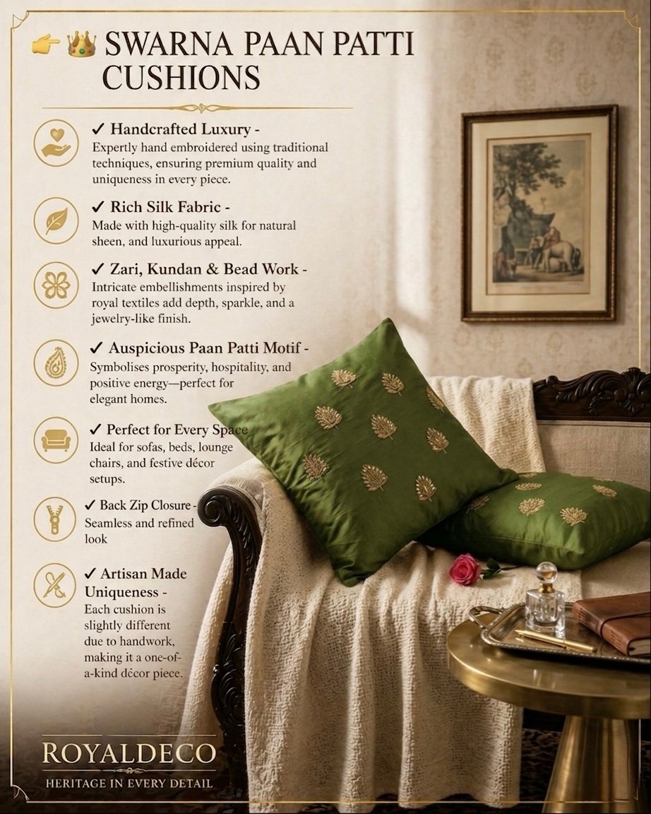 Swarn Paan Patti Beads, Kundan & Zari Hand Embroidery Olive Cushion Covers - Image 4