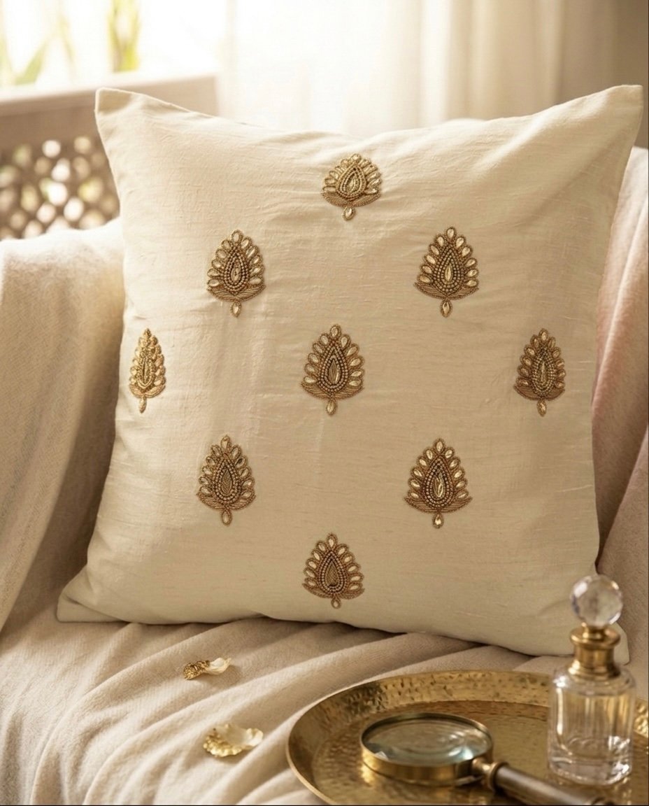 Swarn Paan Patti Beads, Kundan & Zari Hand Embroidery Ivory Cushion Covers - Image 5