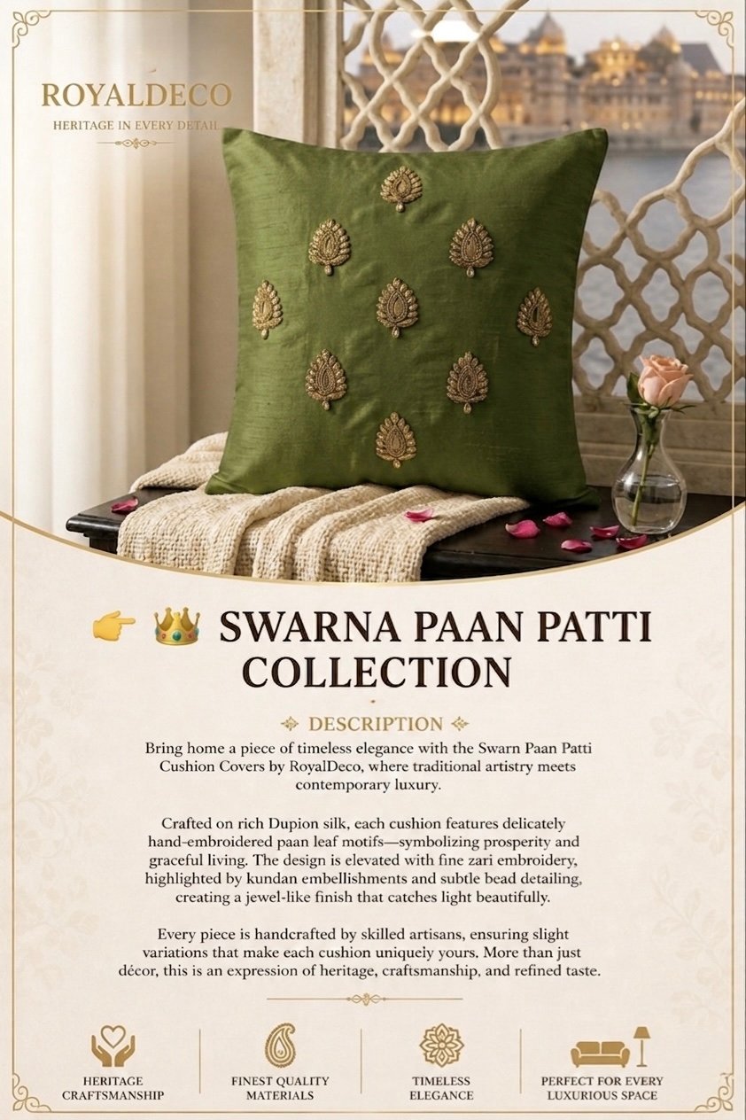Swarn Paan Patti Beads, Kundan & Zari Hand Embroidery Olive Cushion Covers - Image 5