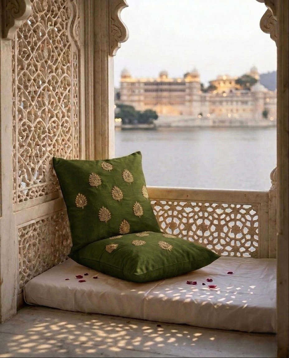 Swarn Paan Patti Beads, Kundan & Zari Hand Embroidery Olive Cushion Covers - Image 6